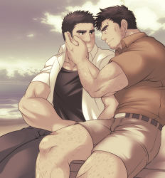 Rule 34 | 2boys, arm hair, bara, beard, black eyes, black hair, blush, boat, cloud, cloudy sky, collared shirt, couple, facial hair, forest, hairy, hand on another&#039;s face, lake, leather, leather belt, leg hair, looking at another, male focus, manly, mature male, multiple boys, muscular, muscular male, nature, original, outdoors, pants, pectoral cleavage, pectorals, shirt, short sleeves, shorts, sideburns, sitting, sky, smile, spiked hair, sunfight0201, t-shirt, thick arms, thick eyebrows, thick thighs, thighs, watercraft, yaoi