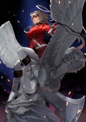 Rule 34 | 1girl, angel, bandages, boots, coat, fate/grand order, fate (series), florence nightingale (fate), from side, hair down, highres, karlwolf, night, night sky, pantyhose, red coat, red eyes, sky, solo, star (sky), starry sky, white footwear, white pantyhose