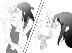 Rule 34 | 2girls, blush, couple, diana cavendish, eye contact, kagari atsuko, kiss, little witch academia, looking at another, monochrome, multiple girls, simple background, surprised, yuri