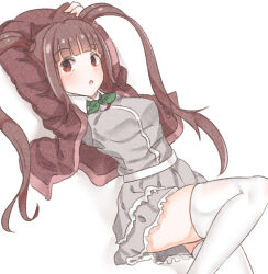 Rule 34 | 1girl, aa211108, arm over head, arms up, blunt bangs, blush, bow, bowtie, breasts, brown hair, brown shirt, collar, collared shirt, dutch angle, frilled skirt, frills, green bow, green bowtie, grey shirt, hair tie, idolmaster, idolmaster million live!, idolmaster million live! theater days, large breasts, leg up, long hair, looking at viewer, looking to the side, lying, matsuda arisa, on back, open clothes, open shirt, parted lips, shirt, sidelocks, simple background, skirt, solo, thighhighs, twintails, very long hair, white background, white collar, white thighhighs, zettai ryouiki