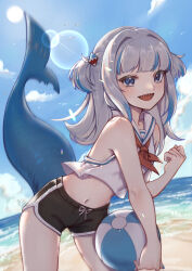 Rule 34 | 1girl, absurdres, ball, bare shoulders, beach, beachball, bird, black shorts, blue eyes, blue hair, blue sky, blunt bangs, blush, dolphin shorts, fins, fish tail, fisheye, gawr gura, grey hair, hair ornament, highres, holding, holding ball, hololive, hololive english, lens flare, long hair, looking at viewer, multicolored hair, neckerchief, ocean, open mouth, red neckerchief, sailor collar, sailor shirt, seagull, shark girl, shark hair ornament, shark tail, sharp teeth, shirt, shorts, sky, sleeveless, sleeveless shirt, smile, solo, streaked hair, tail, teeth, two side up, virtual youtuber, white sailor collar, white shirt, yuenillus