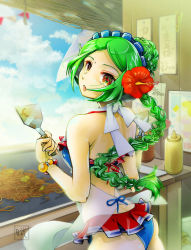Rule 34 | 105mitsugi, 1girl, :o, android, apron, bare arms, bikini, bracelet, braid, braided bun, breasts, commentary request, cooking, flower, gintama, green hair, hair bun, hair flower, hair ornament, holding, jewelry, long hair, looking back, medium breasts, open mouth, solo, swimsuit, tama (gintama), white apron