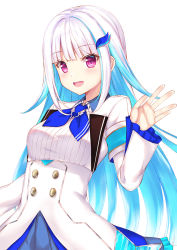 Rule 34 | 1girl, :d, any (trueblue), armband, blue hair, blue neckwear, blush, breasts, buttons, commentary request, frills, hair ornament, lize helesta, long hair, long sleeves, looking at viewer, multicolored hair, nijisanji, open mouth, purple eyes, simple background, smile, solo, two-tone hair, very long hair, virtual youtuber, white background, white hair