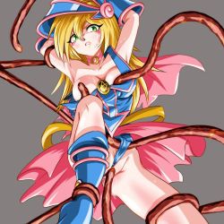 Rule 34 | 1girl, armpits, arms up, ashi ura, bad id, bad pixiv id, blonde hair, blue footwear, boots, breasts, choker, clenched teeth, dark magician girl, duel monster, green eyes, hat, large breasts, pussy juice, rape, slime (substance), solo, sweat, teeth, tentacles, tentacles, tentacles under clothes, wedgie, witch hat, wizard hat, yu-gi-oh!, yu-gi-oh! duel monsters