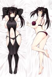 Rule 34 | 1girl, armpits, ass, barefoot, bed sheet, black hair, blush, bra, breasts, dakimakura (medium), date a live, detached sleeves, feet, highres, large breasts, legs, lindaroze, looking at viewer, lying, meme attire, no shoes, on back, open mouth, panties, red eyes, sideboob, smile, soles, striped bra, striped clothes, striped panties, sweater, toes, tokisaki kurumi, twintails, underwear, virgin destroyer sweater, yellow eyes