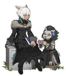Rule 34 | animal ears, animal nose, arm support, armlet, black choker, black dress, black footwear, black hair, black skirt, body fur, book, book on lap, boots, bracer, brooch, cat boy, cat ears, chibi, choker, claw ring, commentary, crate, dress, eye contact, facial mark, fangs, feather hair ornament, feathers, final fantasy, final fantasy xiv, flower, flower wreath, full body, fur-trimmed dress, fur trim, furry, furry male, giving, gloves, grey eyes, grey fur, grey shirt, hair flower, hair ornament, highres, holding, holding wreath, hrothgar, jewelry, layered dress, long sleeves, looking at another, miqo&#039;te, neck tattoo, open mouth, partially fingerless gloves, ring, runar, sandals, shirt, short hair, simple background, single glove, sitting, size difference, skirt, slit pupils, smile, standing, symbol-only commentary, tattoo, whiskers, white background, white hair, wuliu heihuo, y&#039;shtola rhul, yellow eyes