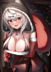 Rule 34 | 1girl, absurdres, ahoge, animal hood, black collar, breasts, candy, candy cane, carrying over shoulder, christmas, cleavage, collar, collarbone, cowboy shot, detached hood, detached sleeves, food, fur-trimmed sleeves, fur trim, grey hair, hair between eyes, hair ornament, hairclip, highres, holding, holding sack, hololive, hood, large breasts, looking at viewer, multicolored hair, open mouth, rada (aw waffle), red eyes, red sleeves, sack, sakamata chloe, santa costume, short hair, solo, streaked hair, twitter username, virtual youtuber, x hair ornament