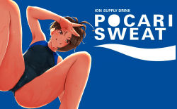 Rule 34 | 1girl, black hair, black one-piece swimsuit, blue background, brown eyes, commentary request, competition swimsuit, day, english text, from below, grin, highres, kilesha, looking at viewer, mole, mole under eye, one-piece swimsuit, original, outdoors, pocari sweat, short hair, simple background, smile, solo, sparkle, squatting, swept bangs, swimsuit, v, wet