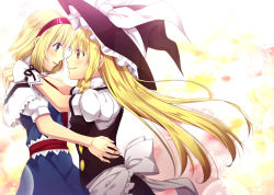 Rule 34 | 2girls, :d, akane hazuki, alice margatroid, apron, black hat, black skirt, blonde hair, blue dress, blue eyes, blush, bow, closed mouth, couple, dress, eye contact, female focus, floating hair, frilled apron, frills, from side, hairband, hat, hat bow, highres, hug, imminent kiss, kirisame marisa, long hair, looking at another, multiple girls, open mouth, red hairband, shirt, short hair, short sleeves, skirt, smile, touhou, very long hair, waist apron, white apron, white bow, white shirt, witch hat, wrist cuffs, yellow eyes, yuri