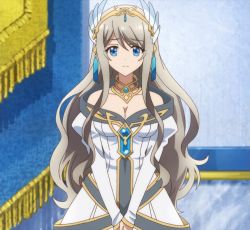 Rule 34 | 1girl, bare shoulders, blue eyes, breasts, cleavage, isekai cheat magician, stitched, tagme, third-party edit
