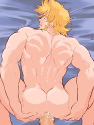 Rule 34 | 2boys, anal, ass, back, bara, beard, blonde hair, blue eyes, commentary, completely nude, english commentary, erection, facial hair, feet out of frame, garet (golden sun), golden sun, golden sun: dark dawn, guided penetration, highres, isaac (golden sun), looking at viewer, looking back, male focus, male penetrated, manly, multiple boys, muscular, nude, penis, piikeisandaa, sex, short hair, solo focus, thick thighs, thighs, yaoi