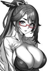 Rule 34 | 1girl, breasts, chinese hairpin, cleavage, genshin impact, glasses, high ponytail, highres, large breasts, long hair, looking at viewer, monochrome, mordredpenx, multicolored hair, red-framed eyewear, semi-rimless eyewear, simple background, solo, spot color, two-tone hair, under-rim eyewear, very long hair, xianyun (genshin impact)