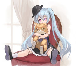 Rule 34 | 1girl, bare legs, black dress, black hat, blue hair, blush, cape, chair, commentary request, curtains, doll joints, dress, granblue fantasy, hair between eyes, hat, hug, hugging object, joints, loafers, long hair, orchis, petticoat, shoes, sidelocks, sitting, socks, solo, stuffed animal, stuffed toy, taba comya, twintails, white socks, window