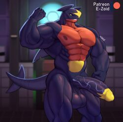 Rule 34 | 1boy, abs, absurdres, biceps, black sclera, claws, colored sclera, colored skin, creatures (company), denim, dragon horns, dragon tail, e-zoid, fins, fish tail, game freak, garchomp, gen 4 pokemon, glans, highres, horns, looking at viewer, looking down, male focus, multicolored skin, muscular, muscular arms, muscular legs, muscular male, nintendo, nipples, nude, pectorals, penis, pokemon, shark fin, shark tail, smile, solo, tail, veins, veiny penis, yellow eyes