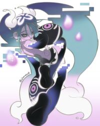 Rule 34 | 1girl, black skirt, black sleeves, black thighhighs, blue hair, commentary, creatures (company), detached arm, detached legs, detached sleeves, floating, full body, game freak, ghost miku (project voltage), glitch, gradient background, gradient hair, grey shirt, hair between eyes, hand up, hatsune miku, highres, long hair, looking at viewer, looking back, multicolored hair, nintendo, pokemon, print sleeves, project voltage, see-through, see-through skirt, shaded face, shirt, skirt, sleeveless, sleeveless shirt, sleeves past fingers, sleeves past wrists, snanake, solo, symbol-only commentary, thighhighs, twintails, twitter username, very long hair, vocaloid, white hair, will-o&#039;-the-wisp (mythology), yellow eyes