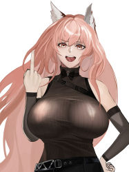 Rule 34 | 1girl, absurdres, animal ear fluff, animal ears, belt, black belt, black bow, black bowtie, black shirt, bow, bowtie, breasts, gcg, girls&#039; frontline, girls&#039; frontline neural cloud, hand on own hip, highres, large breasts, long hair, looking at viewer, middle finger, open mouth, persica (girls&#039; frontline), persicaria (neural cloud), pink eyes, pink hair, shirt, solo, upper body, white background
