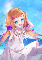 Rule 34 | 1girl, blue eyes, blue sky, blush, dress, hair ornament, highres, long hair, looking at viewer, mikoshi taran, open mouth, re:act, sky, smile, solanophenico, solo, teeth, twintails, very long hair, virtual youtuber