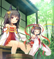 Rule 34 | 2girls, :d, = =, animal ears, asa (swallowtail), azur lane, black legwear, blush, brown eyes, brown hair, closed eyes, collarbone, commentary request, day, detached sleeves, dress, forest, fox ears, hair ornament, hakama, hakama skirt, holding, holding hose, hose, japanese clothes, kimono, long hair, long sleeves, multiple girls, mutsu (azur lane), nagato (azur lane), nature, nontraditional miko, open mouth, outdoors, pleated dress, rainbow, red dress, red hakama, ribbon-trimmed sleeves, ribbon trim, short hair, short kimono, skirt, smile, standing, standing on one leg, strapless, strapless dress, thighhighs, tree, very long hair, water, white kimono, wide sleeves