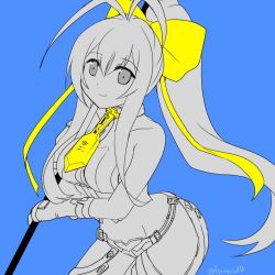 Rule 34 | 1girl, antenna hair, bare shoulders, blazblue, blazblue: central fiction, blazblue variable heart, cowboy shot, genderswap, genderswap (mtf), gloves, hair bow, halterneck, halterneck, long hair, lowleg pants, mai natsume, pants, ponytail, smile, solo, spear, thighs, weapon, yellow bow, yukia (firstaid0)