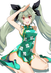 Rule 34 | 1girl, alternate costume, anchovy (girls und panzer), black ribbon, blaze (blazeillust), breasts, china dress, chinese clothes, dress, girls und panzer, green dress, green footwear, green hair, hair ribbon, high collar, high heels, highres, long hair, looking at viewer, medium breasts, open mouth, print dress, red eyes, ribbon, salute, shadow, short dress, side slit, simple background, sitting, sleeveless, sleeveless dress, smile, solo, thighs, twintails, very long hair, wariza, white background