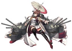 Rule 34 | 1girl, absurdres, asymmetrical footwear, black footwear, boots, breasts, brown eyes, brown hair, cannon, cherry blossoms, clothes writing, clothing cutout, coat, coat on shoulders, collar, flower, gradient footwear, hair flower, hair intakes, hair ornament, headgear, highres, holding, holding shell, kantai collection, knee boots, large breasts, long coat, long hair, long sleeves, metal collar, multicolored umbrella, oil-paper umbrella, pleated skirt, ponytail, red footwear, red umbrella, rekka yamato, rigging, sakuramon, shell, shoulder cutout, sidelocks, single knee boot, single thigh boot, skirt, sleeveless, sleeveless coat, smokestack, solo, thigh boots, thigh strap, turret, umbrella, white coat, white skirt, white umbrella, yamato (kancolle), yamato kai ni (kancolle)
