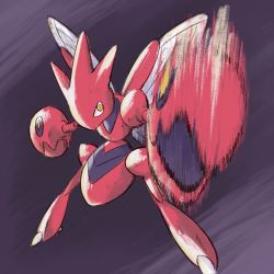 Rule 34 | bug, claws, commentary request, creatures (company), game freak, gen 2 pokemon, highres, insect wings, legs apart, motion blur, nintendo, no humans, outstretched arms, pokemon, pokemon (creature), sawa (soranosawa), scizor, solo, wings, yellow eyes