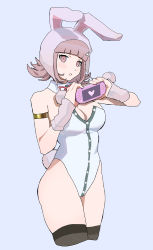 Rule 34 | 1girl, animal ears, animal hood, armlet, bare shoulders, breasts, brown hair, cleavage, cropped legs, danganronpa (series), danganronpa 2: goodbye despair, detached collar, fake animal ears, grey background, handheld game console, highres, holding, holding handheld game console, hood, large breasts, leotard, nanami chiaki, playboy bunny, qosic, rabbit hood, simple background, skindentation, smile, solo, strapless, strapless leotard, thighhighs