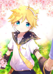 Rule 34 | 1boy, aqua eyes, blonde hair, blue eyes, blush, cherry blossoms, commentary request, day, detached sleeves, following, grass, hair between eyes, haruame kinako, headphones, highres, holding hands, kagamine len, male focus, necktie, outdoors, pov, sailor collar, short hair, smile, solo focus, spring (season), vocaloid, yellow necktie