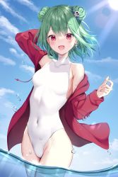 Rule 34 | 1girl, :d, absurdres, blue sky, cloud, collarbone, day, double bun, earrings, green hair, hair bun, hair ornament, highleg, highleg swimsuit, highres, hololive, jacket, jewelry, long sleeves, looking at viewer, ocean, one-piece swimsuit, open mouth, partially submerged, red eyes, red jacket, short hair, skull earrings, skull hair ornament, sky, smile, solo, sun, sunlight, swimsuit, thighs, uruha rushia, utekiro, virtual youtuber, water, white one-piece swimsuit