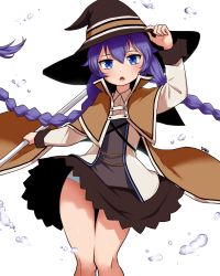 Rule 34 | 1girl, :o, artist name, blue eyes, blue hair, braid, brown cape, brown capelet, brown hat, cape, capelet, clothes lift, dako (dakosito), dot nose, hand on headwear, hat, highres, holding, holding clothes, holding hat, holding staff, long braid, looking at viewer, mushoku tensei, open mouth, panties, pantyshot, roxy migurdia, simple background, skirt, skirt lift, solo, staff, standing, twin braids, underwear, water, white background, white panties, wind, wind lift, witch hat
