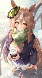 Rule 34 | 1girl, absurdres, animal ears, black jacket, black thighhighs, blazer, blush, breasts, brown footwear, brown hair, coffee cup, cup, disposable cup, enpera, fringe trim, from above, full body, green scarf, hair between eyes, highres, holding, holding cup, horse ears, horse girl, horse tail, jacket, large breasts, long hair, looking at viewer, parted lips, pleated skirt, purple skirt, satono diamond (umamusume), scarf, shoes, skirt, sky cappuccino, solo, tail, thighhighs, umamusume, yellow eyes, zettai ryouiki
