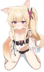 Rule 34 | 1girl, absurdres, animal ears, bikini, black bikini, blonde hair, blush, butterfly hair ornament, copyright request, frilled bikini, frills, from above, hair ornament, highres, long hair, navel, purple eyes, simple background, sitting, solo, swimsuit, syhan, tail, thighs, white background