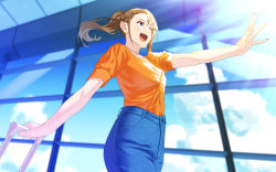Rule 34 | 1girl, :d, absurdres, blue pants, blurry, blurry background, brown hair, cowboy shot, hair ornament, hairclip, hand up, highres, indoors, long hair, luggage, open mouth, orange shirt, original, outstretched hand, pants, ponytail, shirt, smile, solo, standing, tapiokaesi