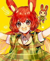 Rule 34 | 1girl, animal crossing, arms up, bunnie (animal crossing), collared shirt, dress, long hair, low twintails, nintendo, open mouth, personification, plaid, plaid dress, puffy short sleeves, puffy sleeves, rabbit girl, red hair, sapphire (nine), shirt, short sleeves, simple background, smile, solo, twintails, very long hair, white shirt, yellow background