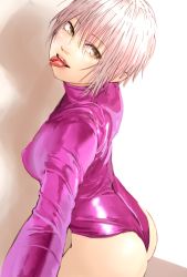 Rule 34 | 1girl, :d, ass, breasts, brown eyes, covered erect nipples, forked tongue, from side, highleg, highleg leotard, highres, kilye kairi, large breasts, latex, latex leotard, leotard, long sleeves, looking at viewer, open mouth, original, pink hair, pink leotard, skin tight, smile, solo, tongue