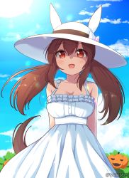 Rule 34 | 1girl, :d, animal ears, animal hat, blue sky, breasts, brown hair, cleavage, cloud, cosplay, day, dress, fake animal ears, frilled dress, frills, hair between eyes, hasshaku-sama, hasshaku-sama (cosplay), hat, highres, hishi akebono (umamusume), horse ears, horse girl, horse tail, jack-o&#039;-lantern, long hair, low twintails, medium breasts, open mouth, outdoors, red eyes, sky, sleeveless, sleeveless dress, smile, solo, sun, sun hat, tail, takiki, twintails, twitter username, umamusume, white dress, white hat
