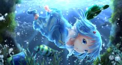Rule 34 | 1girl, :o, air bubble, algae, blue eyes, blue footwear, blue hair, blue shirt, blue skirt, blush, boots, bubble, commentary request, fish, flat cap, freediving, green hat, hair bobbles, hair ornament, hat, hat loss, highres, kawashiro nitori, key, light rays, long sleeves, looking at viewer, nogiguchi, rubber boots, shirt, skirt, solo, sunbeam, sunlight, touhou, two side up, underwater, unworn hat, unworn headwear