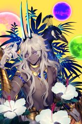 Rule 34 | 1boy, absurdres, arjuna (fate), arjuna alter (fate), dark-skinned male, dark skin, fate/grand order, fate (series), gloves, hair between eyes, highres, horns, jewelry, long hair, looking at viewer, male focus, on mt p, open mouth, solo, upper body, white hair, yellow background