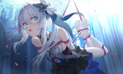 Rule 34 | 1girl, absurdres, bare shoulders, bdsm, blue eyes, bondage, bound, commission, flower, full body, hair flower, hair ornament, highres, hogtie, honkai (series), honkai impact 3rd, indoors, legs, long hair, looking at viewer, no shoes, pantyhose, restrained, ruochongsang, second-party source, shibari, solo, suspension, tearing up, theresa apocalypse, theresa apocalypse (twilight paladin), thighhighs, white hair, white thighhighs