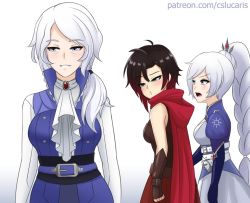 Rule 34 | 3girls, age difference, ahoge, alternate costume, angry, armor, artist name, ascot, belt, belt buckle, black hair, blue dress, blue eyes, blue gloves, blush, braid, braided ponytail, breasts, brooch, buckle, cape, cloak, couple, cslucaris, distracted boyfriend (meme), dress, elbow gloves, facing another, fingerless gloves, gloves, gradient hair, greaves, grey eyes, hair ornament, hair tie, half-closed eyes, happy, height difference, high collar, high ponytail, hood, hood down, hooded cloak, jealous, jewelry, large breasts, long hair, long sleeves, looking at another, looking to the side, low-tied long hair, mature female, medium breasts, medium hair, meme, mother and daughter, multicolored hair, multiple belts, multiple girls, open mouth, parody, parted lips, ponytail, raised eyebrow, red cape, red cloak, red hair, red skirt, ruby rose, rwby, scar, scar across eye, scar on face, simple background, skirt, smile, standing, teeth, tiara, tongue, two-tone hair, walking, watermark, web address, weiss schnee, white background, white dress, white hair, willow schnee, yuri
