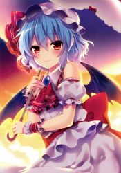 Rule 34 | 1girl, absurdres, adapted costume, ascot, bat wings, blue hair, blush, detached sleeves, gradient background, hat, hat ribbon, highres, looking at viewer, mob cap, non-web source, parasol, puffy sleeves, red eyes, remilia scarlet, ribbon, riichu, sash, scan, shirt, short hair, short sleeves, skirt, skirt set, sky, smile, solo, touhou, umbrella, wings, wrist cuffs