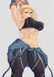 Rule 34 | 1girl, abs, antenna hair, blonde hair, braid, breasts, cammy white, clothes around waist, fingerless gloves, from below, gloves, highres, jacket, jacket around waist, large breasts, muscular, muscular female, pants, solo, sports bra, street fighter, street fighter 6, stretching, sweat, tight clothes, tight pants, yoracrab