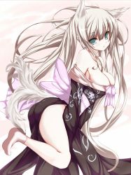 Rule 34 | 1girl, animal ears, aqua eyes, ass, bare legs, bare shoulders, blonde hair, blush, bow, breasts, cleavage, fox ears, fox tail, green eyes, inari, japanese clothes, kimono, kitsune, large bow, large breasts, letterboxed, long hair, looking at viewer, markings, off shoulder, original, shugami, side slit, sidelocks, socks, solo, standing, standing on one leg, tail, tattoo, twintails, very long hair, white hair, white socks
