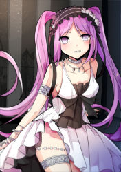 Rule 34 | 1girl, accessories, armlet, bare shoulders, beads, black ribbon, blush, bow, bracelet, choker, dress, euryale (fate), euryale (third ascension) (fate), eyebrows, fate/grand order, fate/hollow ataraxia, fate (series), flower, frilled dress, frills, hairband, headdress, jewelry, legband, lolita hairband, long hair, necklace, purple eyes, purple hair, ribbon, ribbon trim, solo, twintails, very long hair, white dress