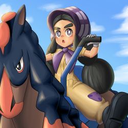 Rule 34 | 1girl, black eyes, black hair, blue background, blue sky, blush, bonnet, boots, breasts, brown footwear, cloud, creatures (company), dark skin, day, forehead, game freak, gen 7 pokemon, gloves, grey gloves, hands up, hapu (pokemon), highres, horse, horseback riding, island kahuna, jumpsuit, long hair, mudsdale, nintendo, open mouth, outdoors, pokemon, pokemon (creature), pokemon sm, purple eyes, purple headwear, riding, saddle, short sleeves, shougun (chuckni1), simple background, sky, small breasts, solo focus, spread legs, thick eyebrows, twintails