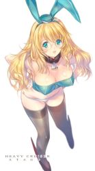 Rule 34 | 10s, 1girl, adapted costume, alternate costume, animal ears, aqua eyes, atago (kancolle), bespectacled, blonde hair, breasts, crop top, detached collar, fake animal ears, female focus, from above, glasses, hair between eyes, hands on own hips, kantai collection, large breasts, leaning forward, leotard, long hair, midriff, min-naraken, open mouth, playboy bunny, rabbit ears, simple background, solo, thighhighs, wrist cuffs