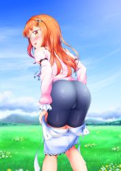 Rule 34 | 1boy, ass, bad id, bad pixiv id, bare shoulders, bike shorts, blush, bulge, clothes pull, embarrassed, from behind, glasses, hair ornament, highres, long hair, long sleeves, looking at viewer, male focus, natsusora wakana, novady, open mouth, orange eyes, orange hair, original, shiny clothes, skirt, skirt pull, solo, sweatdrop, trap