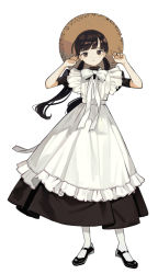 Rule 34 | 1girl, apron, black footwear, black skirt, blunt bangs, bow, bowtie, brown eyes, brown hair, dot nose, frilled apron, frills, hands up, hat, highres, index finger raised, kashiwagi chisame, light smile, looking at viewer, maid, maid apron, mary janes, open hand, original, shoes, simple background, skirt, solo, standing, straw hat, white background, white bow, white bowtie