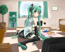 Rule 34 | 1girl, :3, arm support, bad id, bad pixiv id, bed, boots, chips (food), curtains, detached sleeves, food, glass, green eyes, green hair, hachune miku, handheld game console, hatsune miku, highres, long hair, looking back, maszom, matching hair/eyes, mouth hold, nijou katame, pepsi, plant, playstation portable, potato chips, sitting, skirt, solo, thigh boots, thighhighs, twintails, very long hair, vocaloid, wariza, window