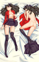 Rule 34 | 1girl, ass, black hair, black thighhighs, breasts, unworn clothes, dakimakura (medium), fate/stay night, fate (series), highres, legs, long hair, long legs, looking at viewer, lying, multiple views, no bra, no shoes, nude, on back, open clothes, open shirt, panties, panty pull, shirt, smile, thighhighs, tohsaka rin, underwear, white panties, yangsion